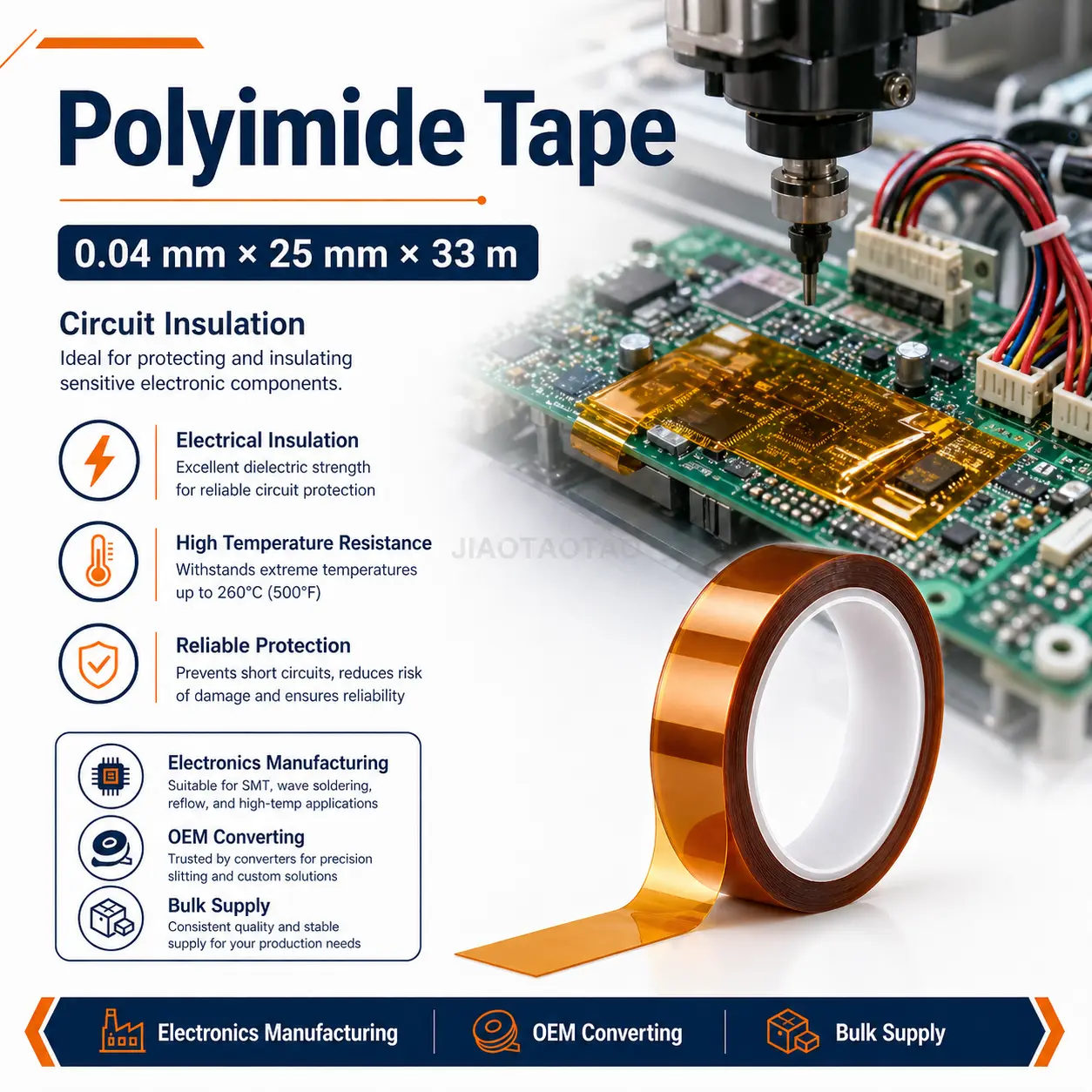 Polyimide tape 0.04mm x 25mm for PCB protection, solder masking, and circuit insulation.